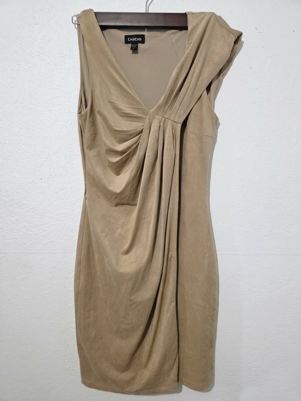 bebe Tan Faux Suede Draped Ruched Sleeveless Bodycon Dress Small